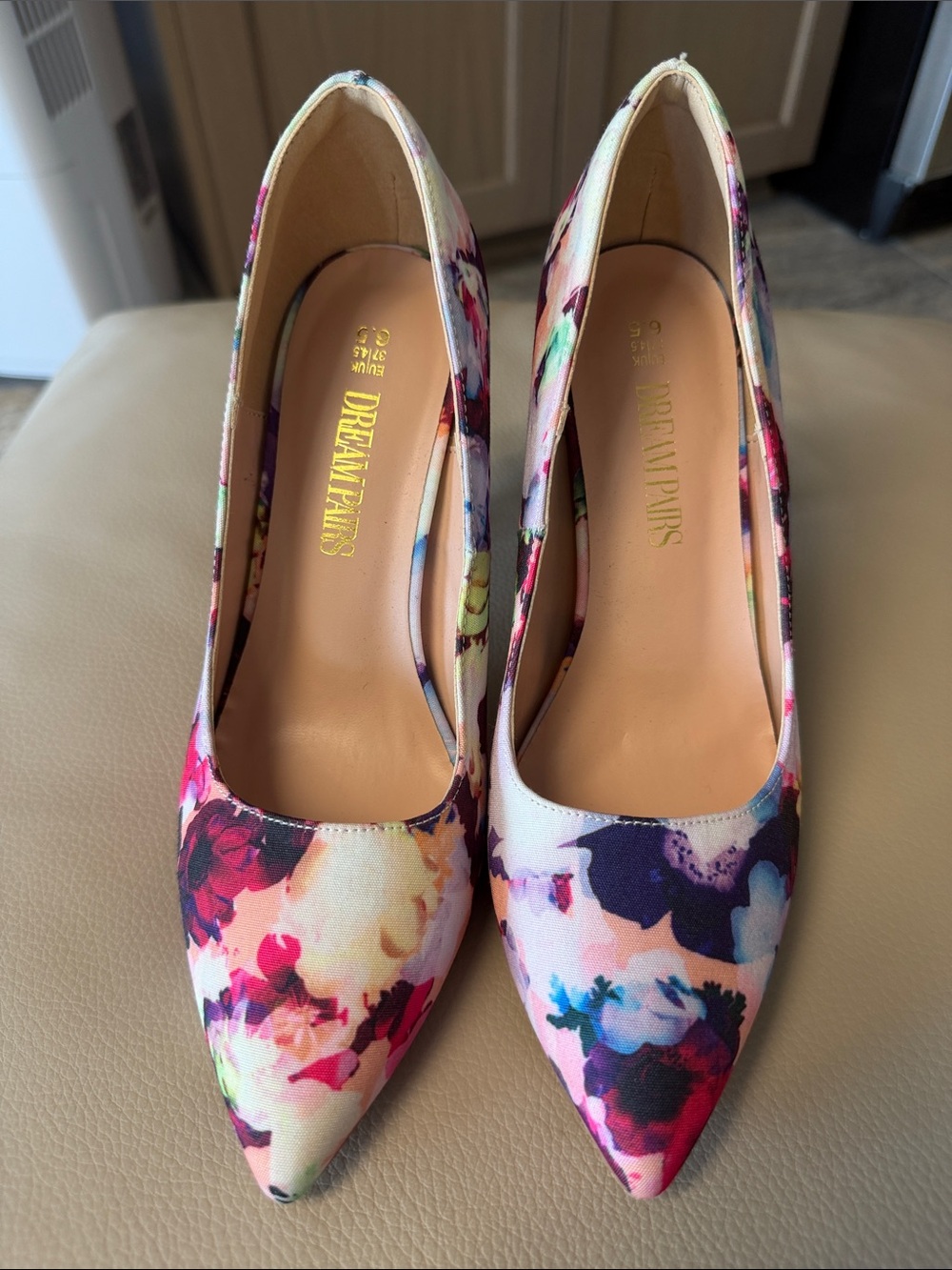 Dream Pairs Floral Pointed Toe Pumps - White with Pink, Purple, Blue Accents